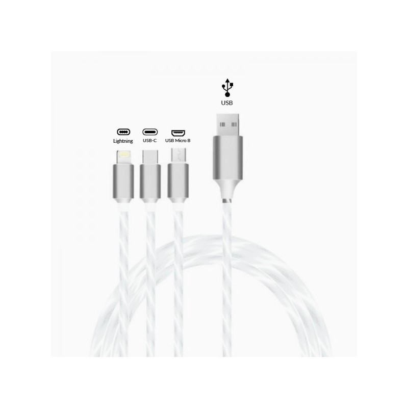 Câble USB 3-en-1 Lumineux blanc Lightning / Type C / Micro Usb Câble USB 3-en-1 Lumineux blanc Lightning / Type C / Micro Usb