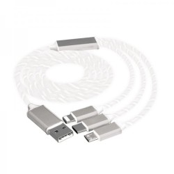 Câble USB 3-en-1 Lumineux blanc Lightning / Type C / Micro Usb